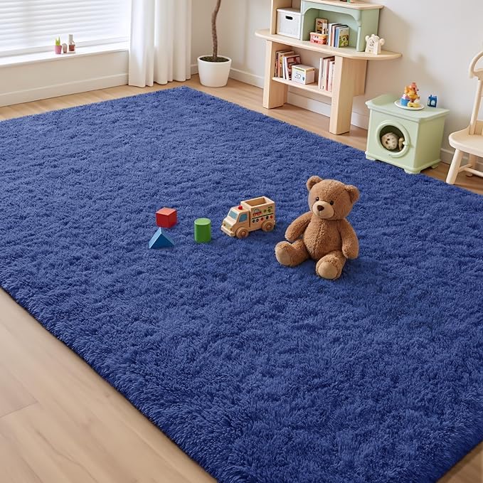 Modern Soft Fluffy Small Shaggy Rug for Bedroom Livingroom Dorm Kids Room Indoor Home Decorative, Non-Slip Plush Furry Fur Area Rugs Comfy Nursery Accent Floor Carpet 5X7 Feet, Light Navy