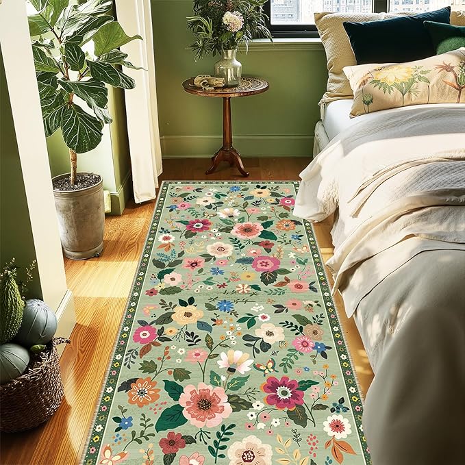 RELEANY Floral Nursery 2x8 Area Rugs Washable Print Boho Cute Carpet Non Slip Flower Low Pile for Living Room Kids Girls Playroom Bedroom Kitchen Office Farmhouse-Light Green