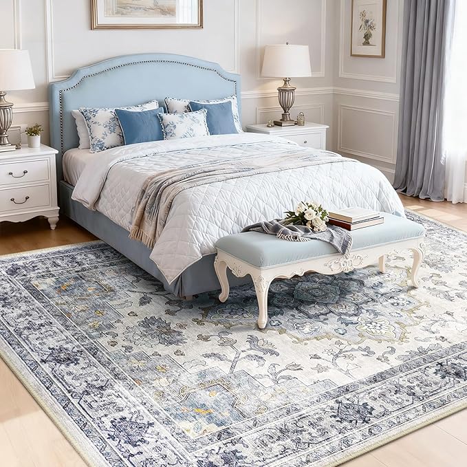 CAPALOCA Machine Washable Rugs Nursery Rug 9x12 Area Rugs Girl Non Slip Low Pile Water Repellent Soft Print Pattern for Bedroom Indoor Decor Kids Playroom Bluewhite