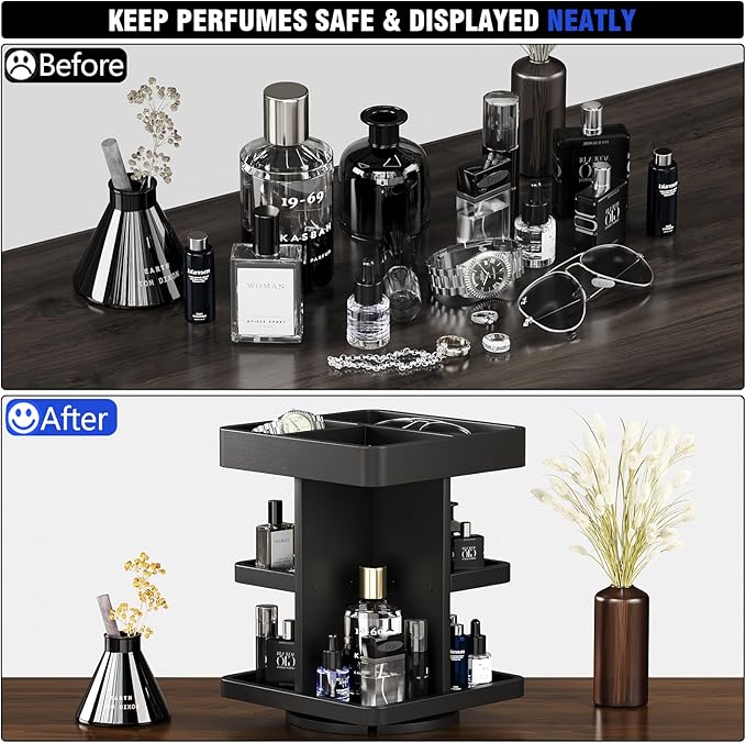 3-Tier Rotating Cologne Organizer for Men, Large-Capacity Wooden Perfume Display Stand for Desk & Nightstand, Rounded Corner Design, Birthday Gift for Men (Black)