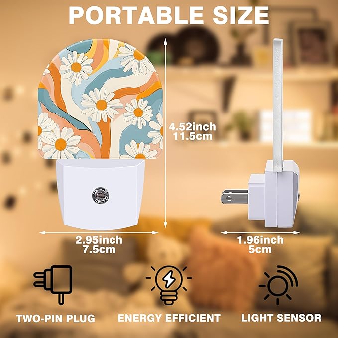 Night Light, Retro Groovy Flower Night Lights Plug into Wall Dusk to Dawn Sensor Round Nightlight for Women Men Energy Efficient Led Lamp 0.5W for Stairway Hallway Bedroom