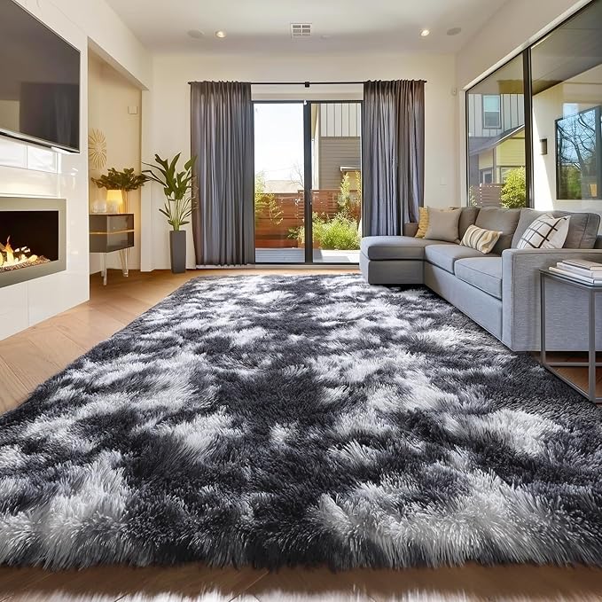Amdrebio Black White Grey Rugs for Living Room Bedroom, 9x12 Big Fluffy Shaggy Furry Area Rug for Kids Room Apartment Home Decor, Fuzzy Shag Plush Floor Modern Cool Huge Large Carpet for Men Teen Boys