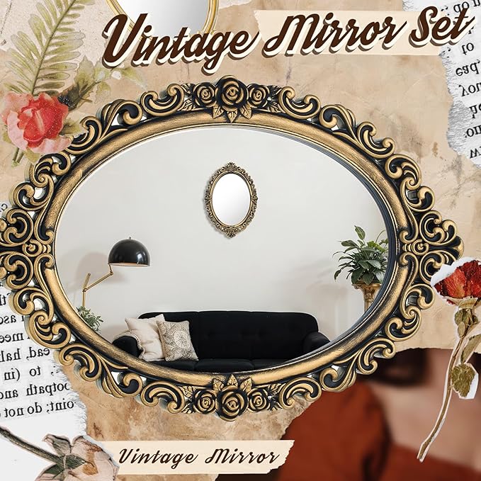 Beeveer 1 Style Vintage Mirrors Set Decorative Oval Wall Mirror Small Antique Mirrored Tray Decorative Hanging Mirror for Bathroom Bedroom Jewelry Organizer Victorian Decor (Oval,Antique Gold)