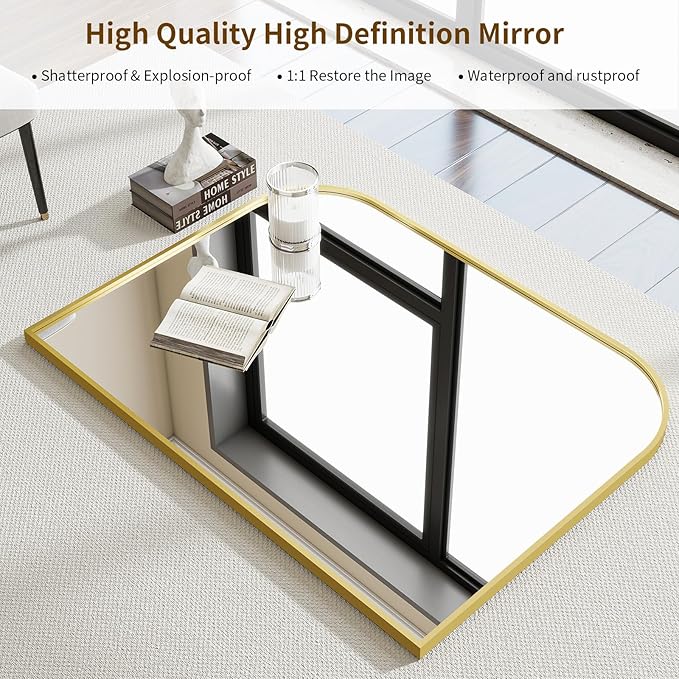 Gold Arched Top Wall Mounted Mirror - 38 x 30 Inch Round Cruved Top Bathroom Vanity Mirror, Aluminum Metal Framed, Home Decor for Living Room, Bedroom, Fireplace, Mantle, Entryway