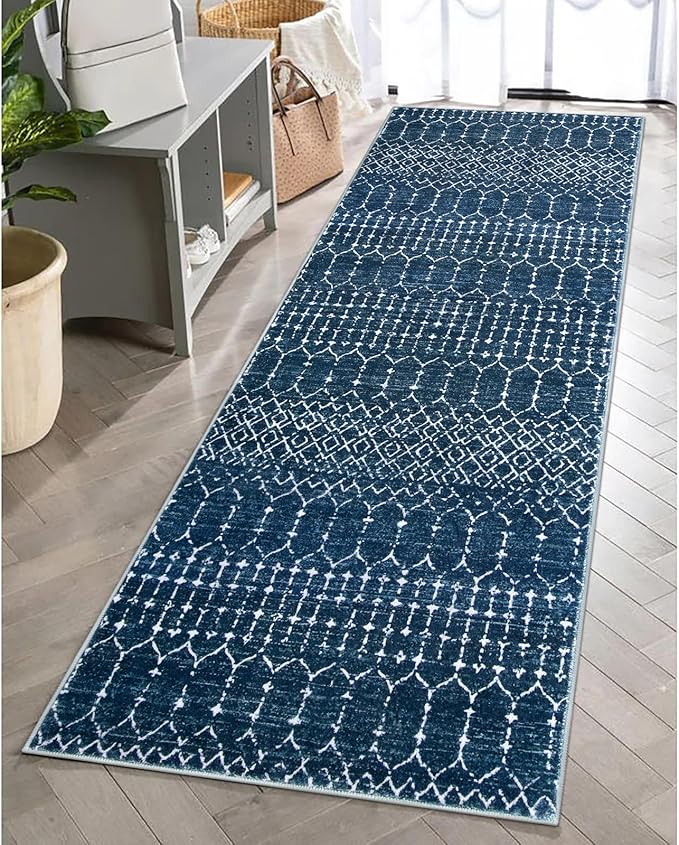 Lahome Moroccan Washable Kitchen Runner 2x8 Carpet Runners for Hallway 8Ft Low-Profile Non-Slip, Indoor Geometric Print Distressed Rug for Entryway Laundry Room Foyer Hana, Blue