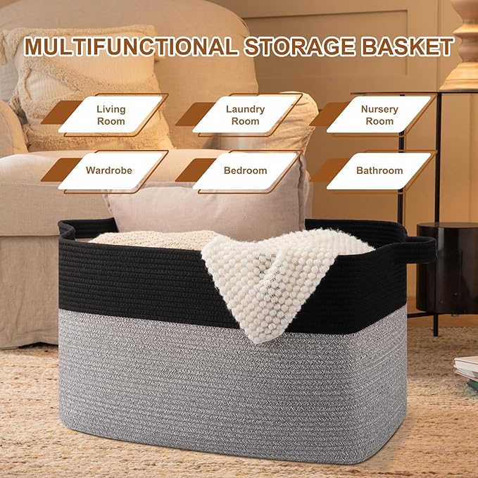 Extra Large Laundry Basket, 95L Blanket Basket for Living Room, Cotton Rope Toy Storage for Kids, Woven Storage for Clothes, Towels, Pillows, 24" x 17" x 14", Pink and White
