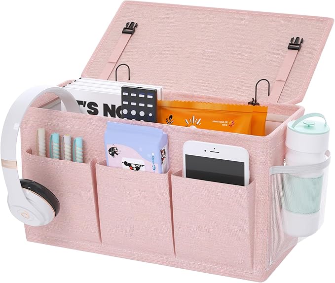 Edudif Dual-purpose Bedside Caddy Bedside Organizer, Bed Caddy with 6 Pockets, Versatile Bedside Storage Solution Magazine Remotes holder, ideal for Home, Dorm, Hospital, Crib Bed (Pink)