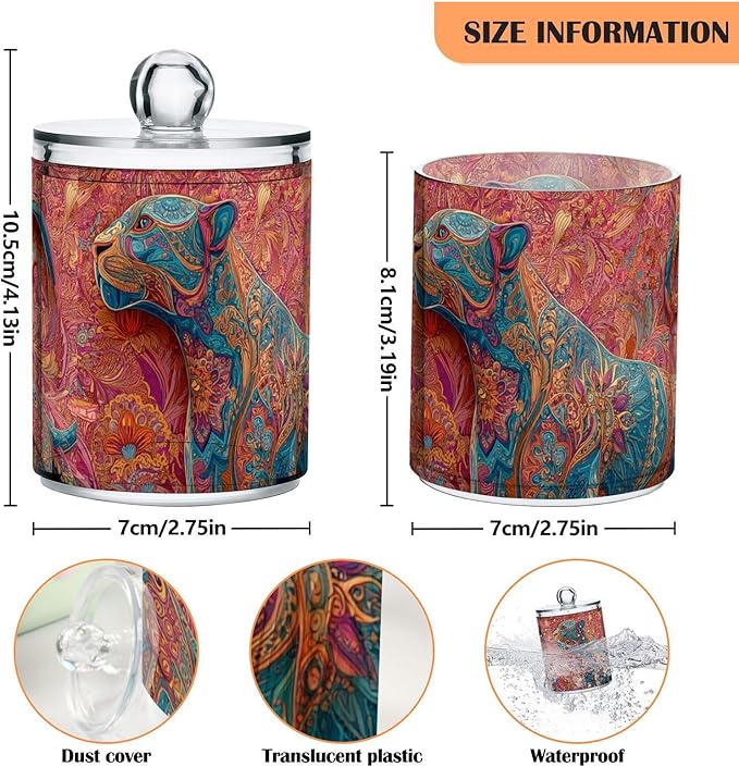 2 Pack Apothecary Jars Pastel Colored Painted Leopard Bathroom Vanity Storage Organizer Set,Small Clear Plastic Storage Jars Bathroom Canister for Cotton Swabs, Rounds, Balls, Qtips,Makeup Spon