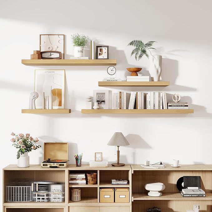 Acovy 24 Inch Floating Shelves, 12 Inch Deep Floating Shelves for Wall, Floating Shelf with Invisible Brackets, Deep Shelves for Bathroom, Bedroom, Living Room, 2 Pack, Natural
