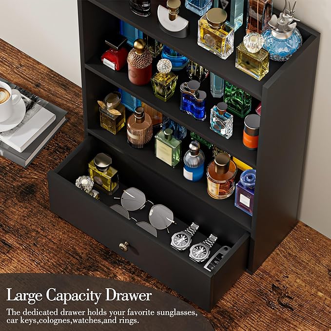 3 Tier Cologne Organizer for Men, Wooden Perfume Organizer Cologne Stand with Drawer Storage Large Capacity, Gift for Men (Black)