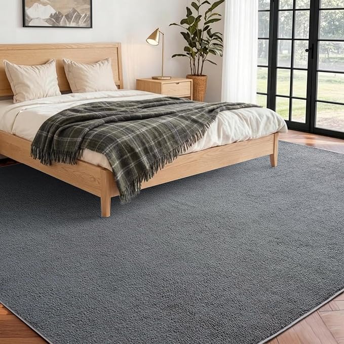 FinRèc 6x9 Washable Area Rugs for Bedroom Living Room, Low Pile Thin Rug Solid Color, Non-Slip Carpet Indoor for Home Decor (Pure Dark Grey)