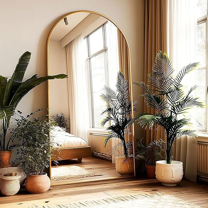 KOMCOTE Full Length Floor Mirror, 91x46 Inch Oversized Arched Standing Mirror in Gold for Bedroom, Living Room, Dressing Room - Elegant Freestanding Leaning Mirror Decor