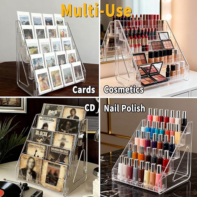 3-Tier Trading Card Display Stand – Transparent Vertical PET Rack for Standard Graded Card Slabs, Toploaders, Magnetic Holders, Sports Collections