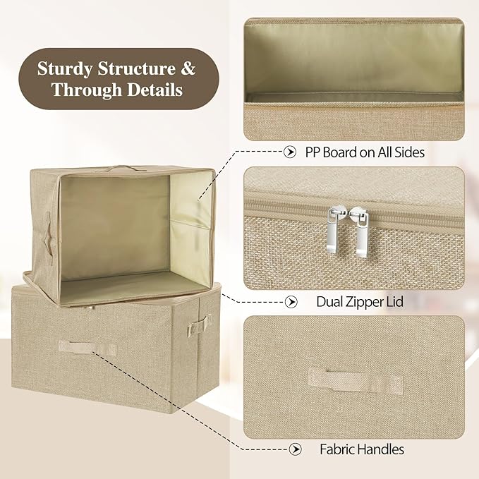 ANMINY 3PCS Storage Bins with Zipper Lids 51.9 Qt Lidded Fabric Storage Boxes Baskets Cubes with Handles Collapsible Washable Cotton Linen Closet Shelf Clothes Organizer - Beige, Extra Large