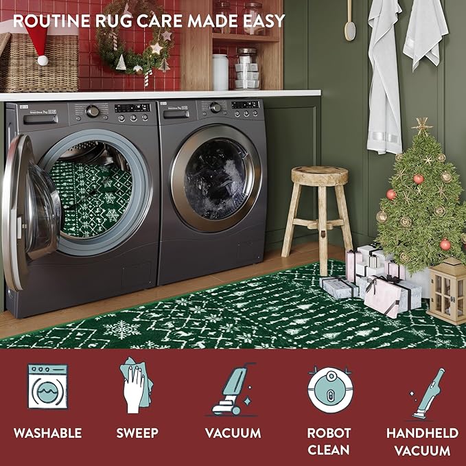 Lahome Christmas Runner Rug for Hallway 2x8 Non Slip Soft Long Kitchen Carpet Runner Washable Low Pile Xmas Snowflake Carpet Runner for Entryway Bathroom Holiday Winter Home Decor Green Hana