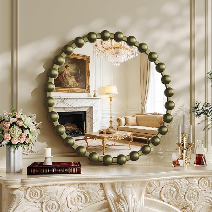 Round Vintage Vanity Mirror, 24 Inch Beaded Frame Circle Wall Mirror for Bathroom, Bedroom Dresser, Entryway, Living Room, Decorative Hanging Wall Mirror, Bronze