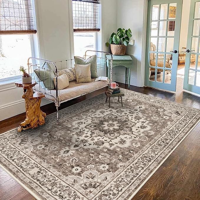 TOPRUUG Washable Oriental Area Rug - 5x7 Rugs for Living Room Soft Carpet for Bedroom Waterproof Floral Distressed Indoor Stain Resistant Non-Shedding Floor Carpets (Beige, 5x7)