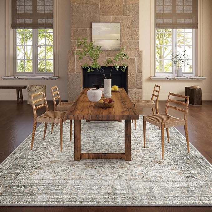 10x12 Large Rugs for Living Room: Washable Rug Stain Resistant Non Slip Distressed Vintage Rug Low Pile Faux Wool Soft Carpet for Bedroom Farmhouse Dining Room Kids Playroom Nursery