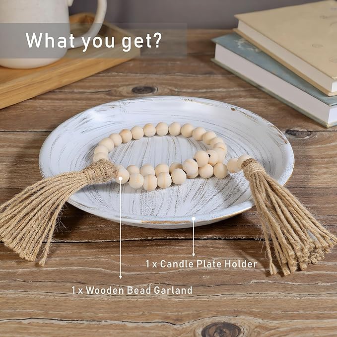 10-inch Candle Plate Holder Tray & 30-inch Wooden Bead Garland with Tassels, Farmhouse Decorative Tray, Rustic Country Home Decor - White