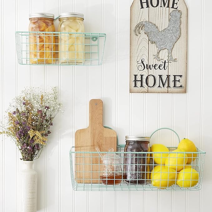 DII Farmhouse Vintage Decor, Wire Wall Basket, Assorted, Aqua, 2 Piece