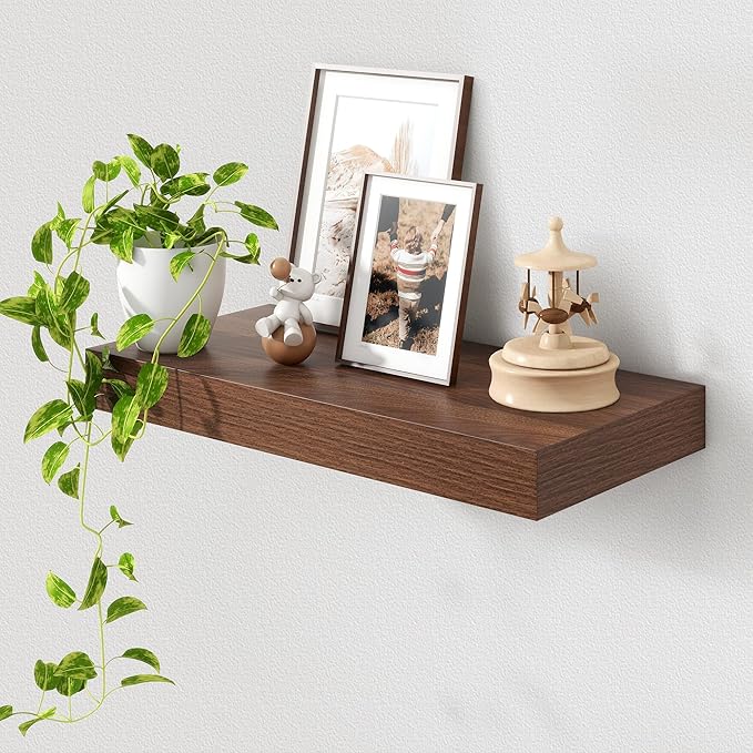 FLYJOE 12 Inch Deep Floating Shelves | 24 Inch Walnut Floating Shelves | 24" W x 12" D Rustic Wood Shelves for Wall | Deep Shelves for Living Room Bathroom Laundry Room Kitchen