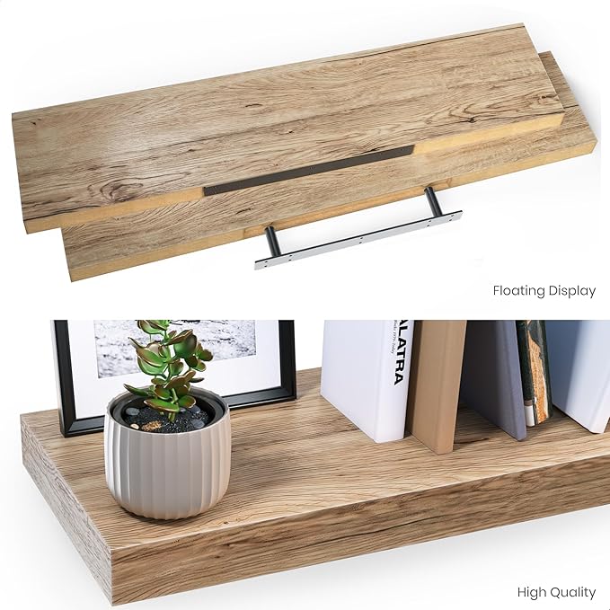 Ballucci Floating Shelves, 36" Wood Wall Shelf Set of 2, with Invisible Brackets for Bathroom, Living Room, Bedroom, Kitchen, Nursery, 6" Deep, Oak Finish