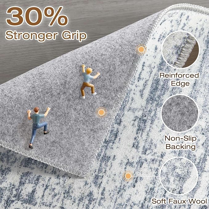 Runner Rug Non-Slip Kitchen Rug: 3x8 Washable Abstract Modern Soft Stain Resistant Indoor Floor Neutral Accent Throw Carpet for Hallway Bathroom Laundry Room Bedroom Entryway- Blue