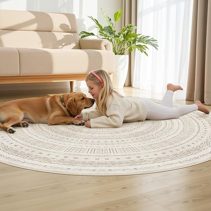 cotiled 6x6 Round Area Rug Living Room: Washable Boho Rugs with Non Slip Backing Large Soft Indoor Stain Resistant Carpet for Bedroom Farmhouse Dining Room Lightweight Home Decor Brown/Cream