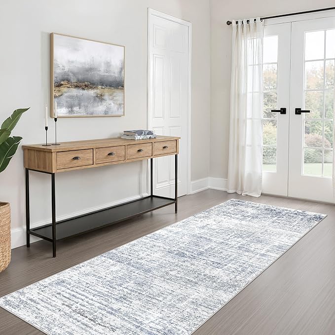 Runner Rug Non-Slip Kitchen Rug: 2x6 Washable Abstract Modern Soft Stain Resistant Indoor Floor Neutral Accent Throw Carpet for Hallway Bathroom Laundry Room Bedroom Entryway- Blue