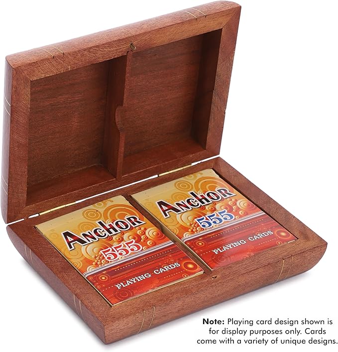 Ajuny Handcrafted Wooden Double Deck Playing Card Box Holder Decorative Storage Case Organizer With 2 Set of Playing Cards Anniversary Housewarming Gifts