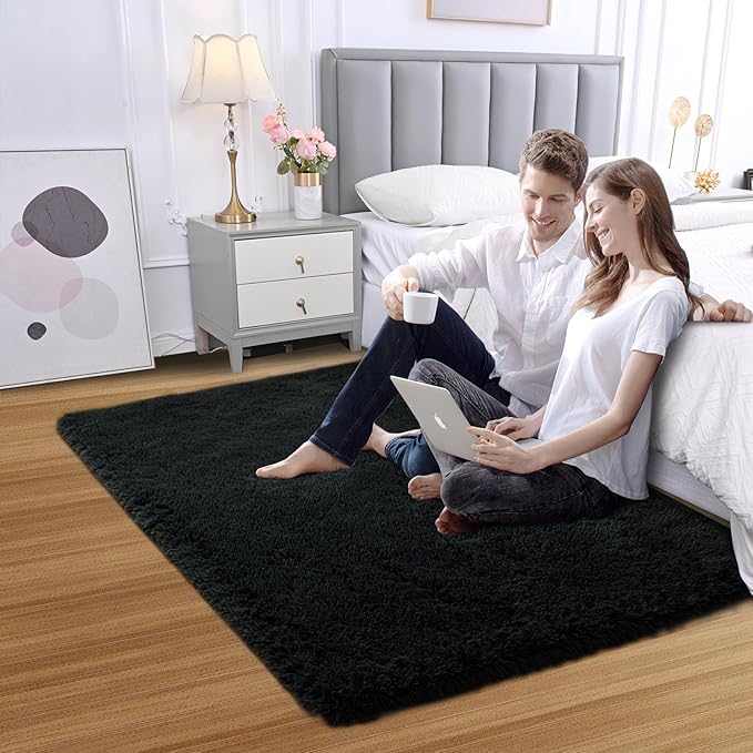 Fluffy Area Rug for Bedroom: Black Plush Soft Bedside Dorm Area Rug - Small Carpets for Bedroom Kids Room Nursery (Black, 3x5Feet)