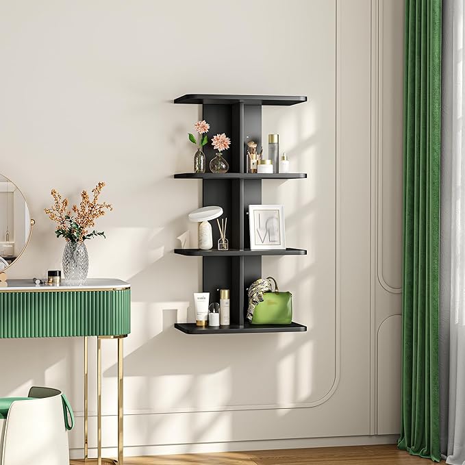 REIBII 4 Tier Wall Shelves, Vertical Column Black Floating Shelves for Wall Decor, Floating Shelf for Vanity, Bedroom, Living Room, Office