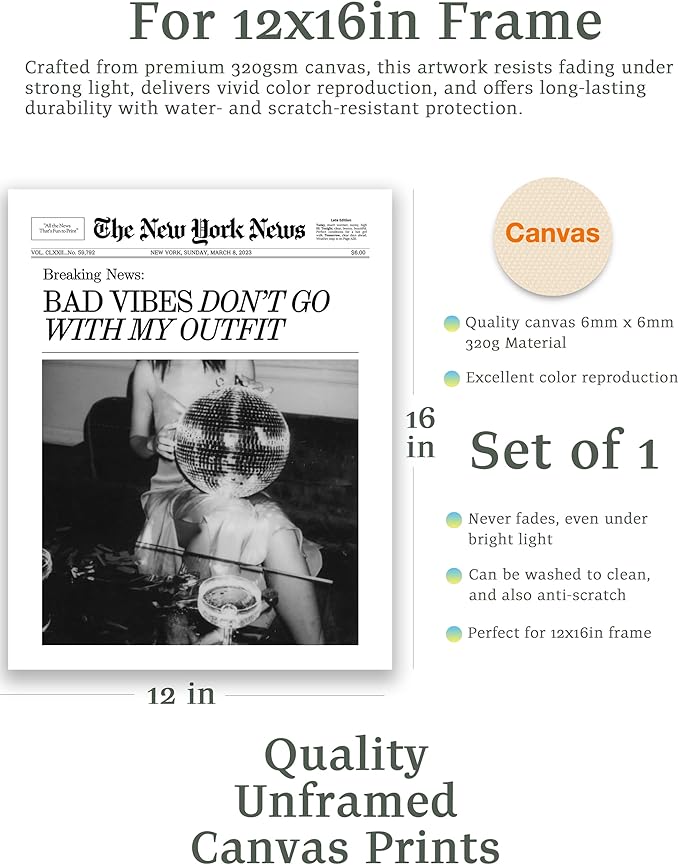 EcoHest Unframed Trendy Newspaper Magazine Wall Art, 12x16 in Bad Vibes Don't Go With My Outfit Disco Bar Canvas Wall Art, Preppy Retro Home Decor For Bedroom Living Room 1Pack