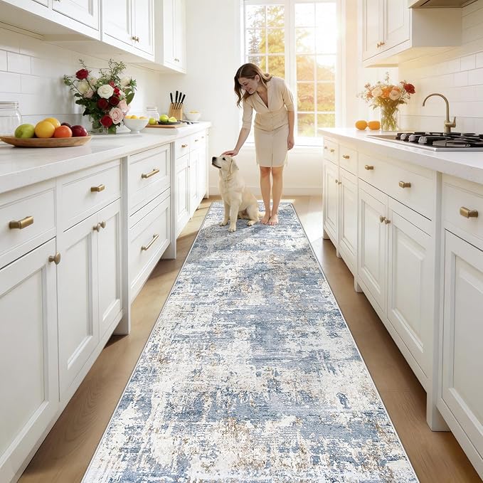 XLUEZ 2.6x10 Runner Rug for Hallway, Washable Modern Abstract Runner Rugs Neutral Soft Non Slip Kids Rug Stain Resistant Indoor Runners for Entryway Bedroom Kitchen Laundry Room(Blue, 2'6''x10')