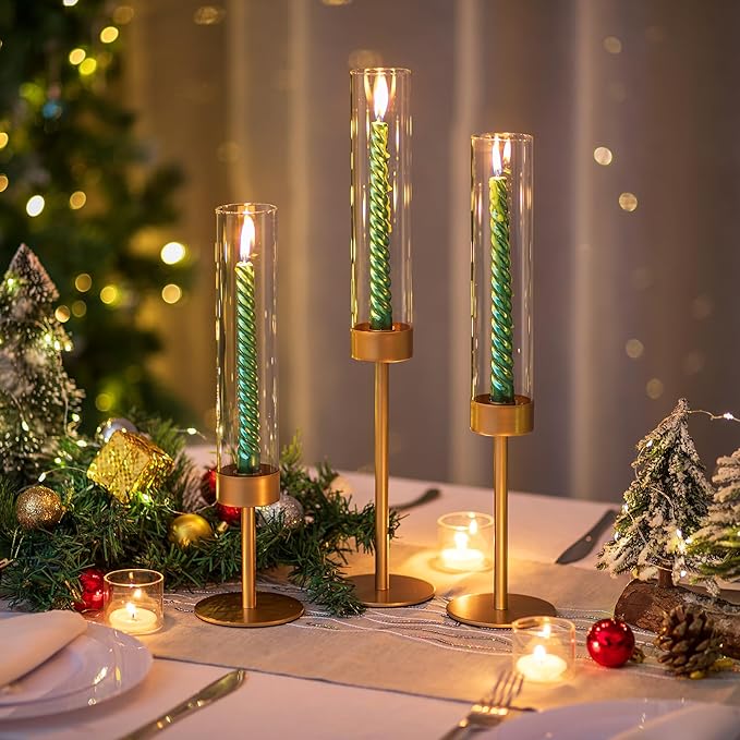 Glass Hurricane Candlestick Holders Gold - Romadedi Taper Candle Holder Tall Clear Glass Cylinder Table Centerpiece Wedding Decor Party Birthday Christmas Home Decorations Set of 3