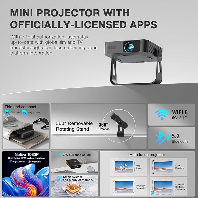 [Officially-Licensed App & Auto Focus]Black Smart Mini Projector with WiFi and Bluetooth, XuanPad 4K Support Movie Projector, Portable Native 1080P Outdoor Projector with 360° Stand