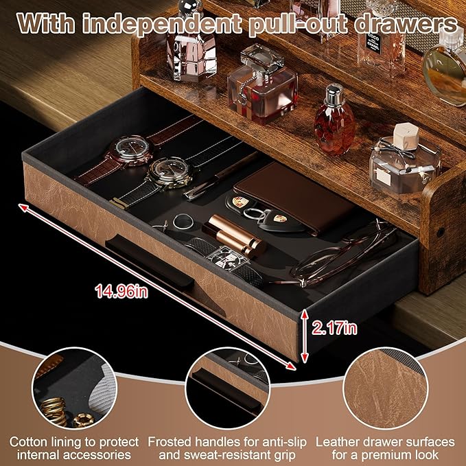 Yuzehuaza 3 Tier Cologne Stand with Drawer, Wooden Cologne Organizer for Men/Women, Retro Perfume Stand Organizers, Display Riser Shelf Holder for Skincare and Makeup Organizers, Rustic Brown