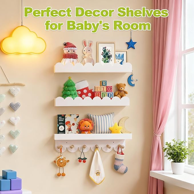 Floating Nursery Book Shelves for Wall, 16'' Wood Book Shelf for Baby Boys Girls Bedroom Bathroom and Décor Storage, Wall Shelf for Books, Plants, Toys, Photo Frames (White-Wooden Pegs, 3 Pack)
