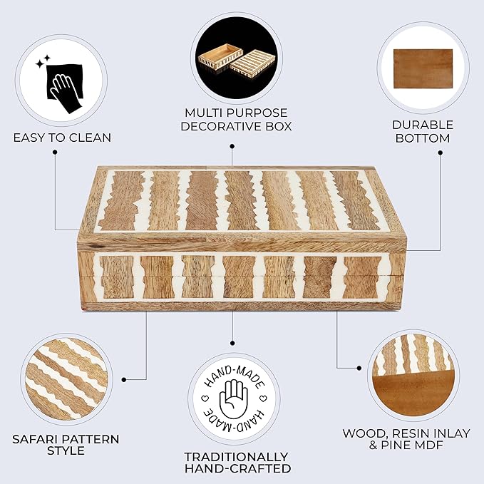 Handicrafts Home White Decorative Storage Box with Lid Wood Remote Control Box Coffee Table Storage Box Remote Holder for Living Room Decor – Resin Inlay Kept Safari Collection - 8x5x2