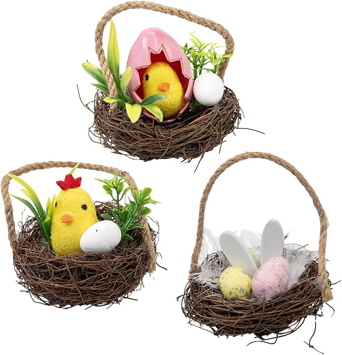 Berfutall-Easter Bunny Basket Decoration with Flowers, Woven Jute Basket with Handle, Spring Decor with Pastel Eggs(3D)