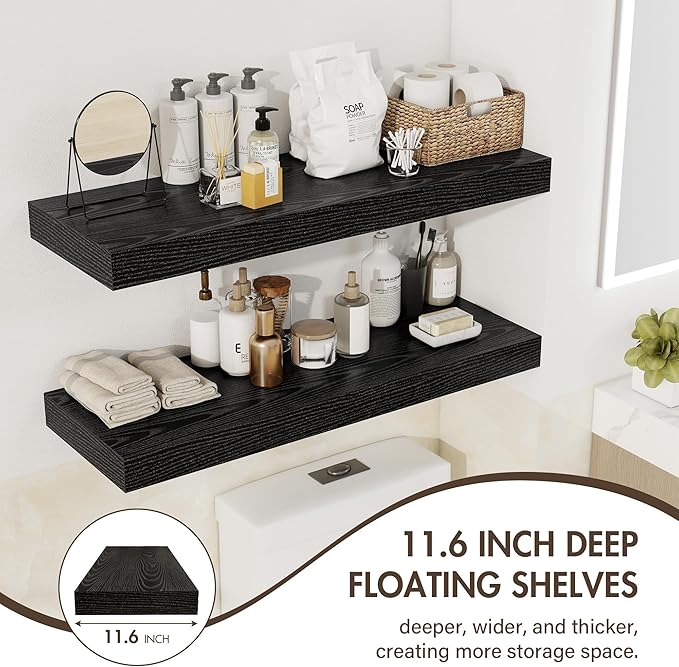 Acovy 30 Inch Floating Shelves, 12" Deep Floating Shelf Wall Mounted, 30" Wall Shelves, Rustic Deep Bookshelf, Extra Deeper & Thicker Display Shelves for Bedroom, Living Room, Black, Set of 2