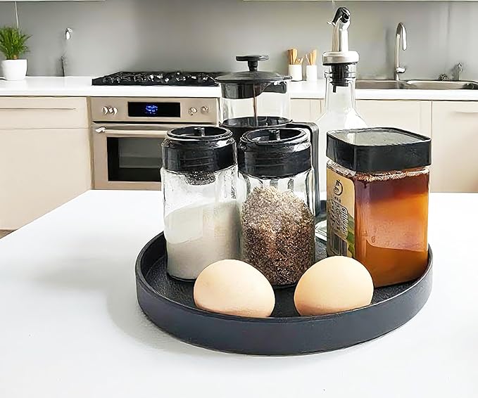 Round Black Tray (9.5 inch) for Bathroom & Kitchen Decor - Heavy Duty Plastic Vanity Tray, Decorative Serving Tray for Countertop, Coffee Table, Dresser Organizer