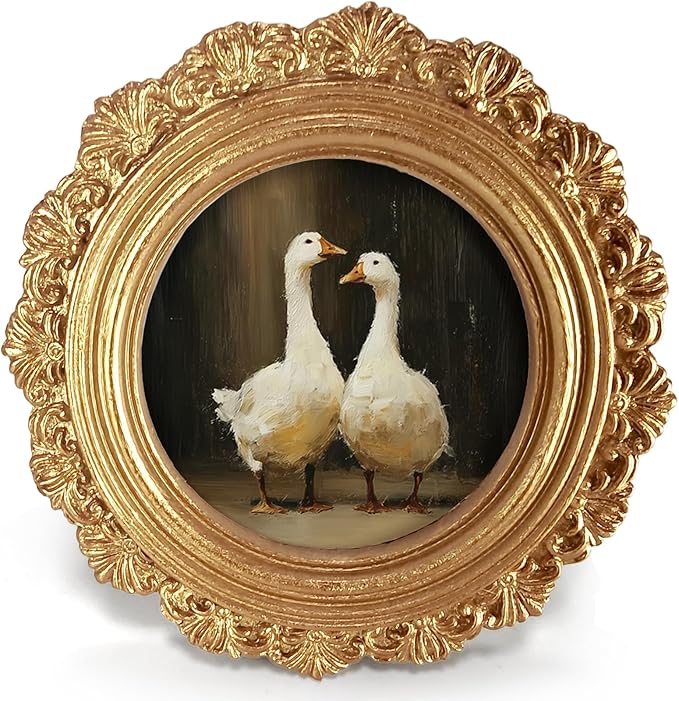 Small Vintage Couple Goose Duck Round Picture Frame Wall Decor, Farmhouse Gold Mini Ornate Photo Frame for TableTop Desk 2.7in Photo, Rustic Framed Artwork for Walls Office Bedroom Shelf