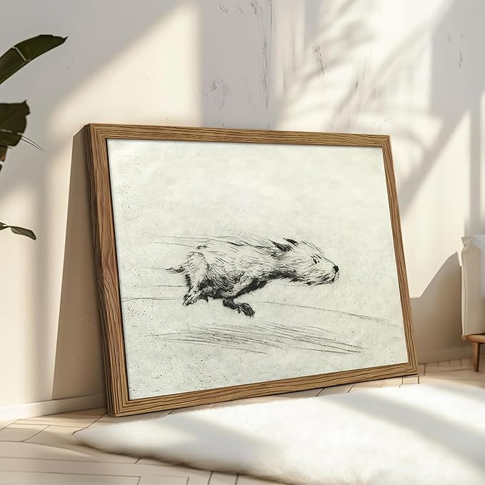 Framed Dog with Zoomies Canvas Wall Art, Vintage Dog Flight Poster Print, Sketch Running Little Pictures Decor, Black and White Silly Wall Decor for Living Room Bedroom – 12x16 inch