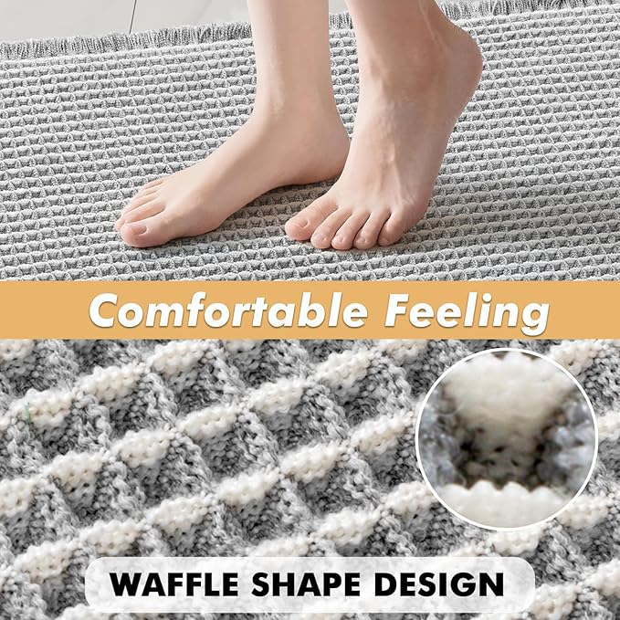 MIULEE Set of 2 Waffle Bathroom Rugs, Boho Bath Rugs Non Slip Washable, Super Absorbent Bath Mats, Ultra Soft Rubber Backed Shower Mats for Bathroom Floor, Tub, LightGrey & Cream, 17x24 Inch