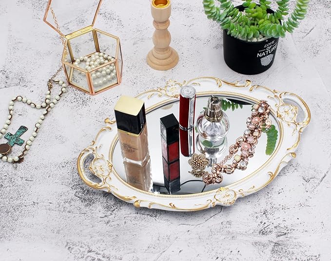Funerom Vintage 14.5 x 10 inch Mirror Tray, Makeup Organizer, Jewelry Organizer, Serving Tray,Oval Antique White