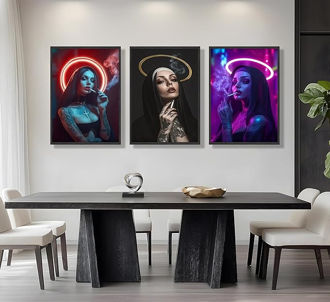FJKLRP 3pcs Fashion Neon Nun Wall Art Cyberpunk Tattooed Feminine Canvas Print Dark neon Aesthetic Wall Decor for Bedroom Living Room Dorm Apartment Home Decor Unframed