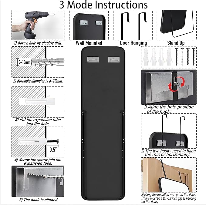 SCWF-GZ 57x16 Door Hanging Full Length Mirror, Floor Stand (Height 5.7ft just Body in1.3ft) Wall Mounted Metal Frame Rectangle Dressing Mirrors for Bedroom Bathroom Room 57 inch Black