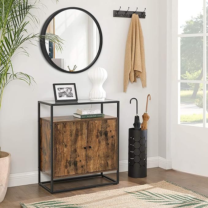 JJUYOU Black Round Framed Mirror - 16" Circle Wall Mirror for Bathroom, Bedroom & Living Room - Modern Aluminum Alloy Metal Frame