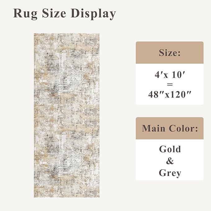 4x10 ft Extra Wide Hallway Rug – Non-Slip Washable Rubber-Backed Large Carpet Runner for Kitchen, Entryway | Modern Abstract, Low-Pile Thin Floor Mat for Bedroom Living Room Dining Room (Gold Grey)